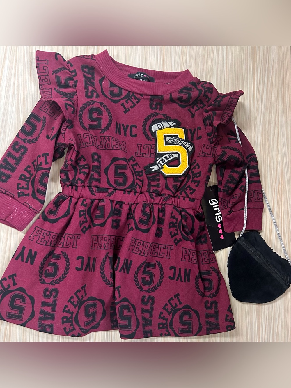 Girls Burgundy Long-Sleeve Logo Print Dress with Purse